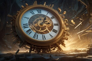 Obraz premium Fragments of Time: A Surreal Exploration of a Shattered Clock