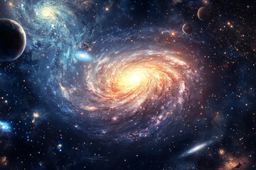 Obraz premium A vibrant, swirling galaxy surrounded by stars and nebulae, with a powerful galactic core at its center, distant planets orbiting in a glowing, energy-filled space.