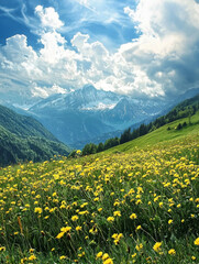 A beautiful, lush green field with a mountain in the background