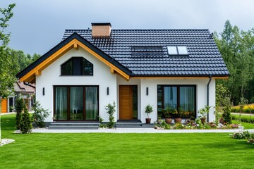 Modern house with skylights on the roof is surrounded by green grass