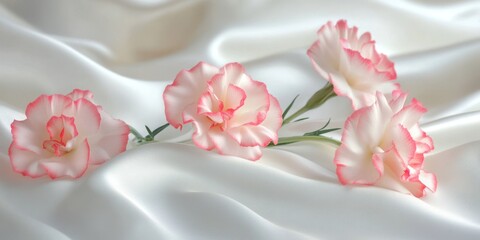 A delicate arrangement of pink-edged flowers on soft, flowing fabric.