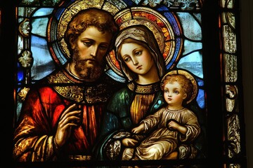 Fototapeta premium Stained glass window depicting the holy family