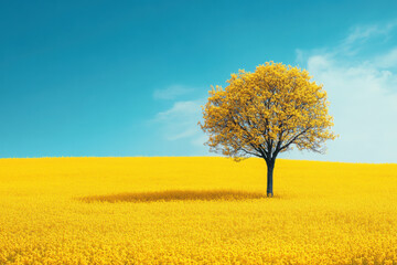 Lone tree in vibrant yellow flower field under a clear blue sky, capturing the serene beauty of nature and the tranquility of an open landscape.