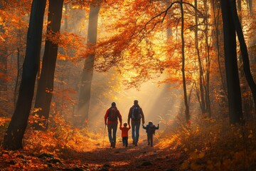 Family Hiking Through a Golden Autumn Forest