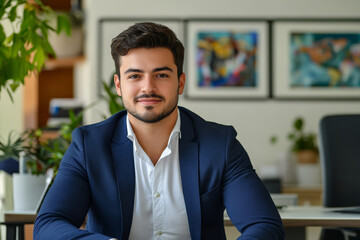 Fototapeta premium A young Brazilian businessman, exuding confidence, looks at the camera while sitting at his modern office desk. The setting is vibrant and stylish, with plants, artwork, and advanced office technology