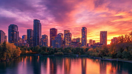 A city skyline is reflected in a calm lake at sunset