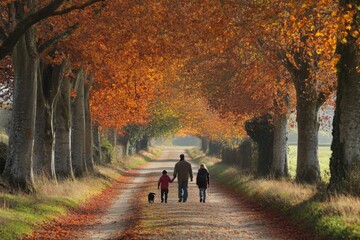 Obraz premium Family Strolling Through Autumnal Tree Tunnel