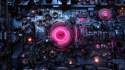Fototapeta premium Cross-section of a mechanical clock, revealing intricate patterns of gears and circuits, steampunk, metallic and neon lighting, 3D render.