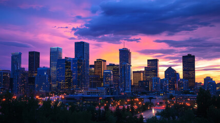 Obraz premium A city skyline at sunset with a purple sky