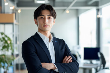A young Japanese businessman, looking confident and approachable, poses in a modern office setting. The backdrop features minimalist design elements, a clean desk, and advanced office technology.