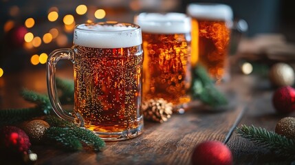 Christmas beer is pouring into glass mugs on table with garland and string lights - Powered by Adobe