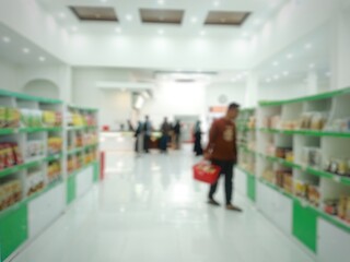 abstract blur shelf in minimart and supermarket.Blur of condiment shelf product in Supermarket.