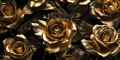 An elegant display of metallic gold roses on a dark background, with each petal intricately designed, the floral arrangement exuding sophistication and class.
