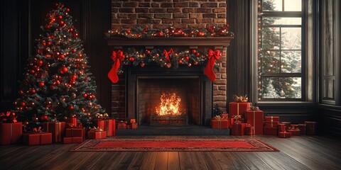 Decorated christmas tree standing next to a fireplace with burning firewood