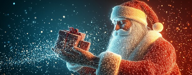 A stylized Santa Claus made from 3D wireframe polygons digital gifts in pixel art world 