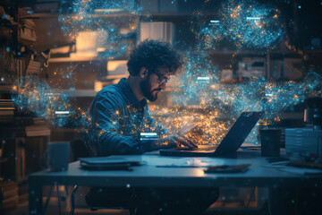 Evening in a tech-driven office, a businessman working with global data and AI holograms swirling around his laptop, symbolizing the interconnected world of digital technology and data science.