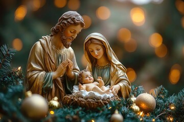 Nativity scene with baby jesus, mary and joseph praying in a christmas tree