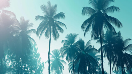 A blue sky with palm trees in the foreground and background