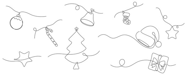 Christmas one continuous line including xmas pine tree, hanging ball, star, shock, candy, santa hat, gift box, and bell. Editable stroke. simple elements collection set vector.