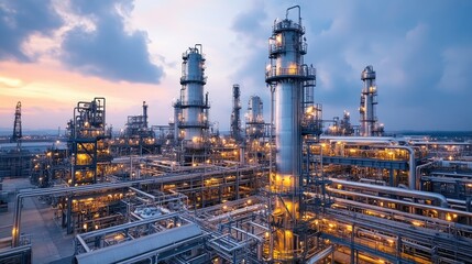 Fototapeta premium Oil refinery plant lighting up the evening sky with industrial beauty