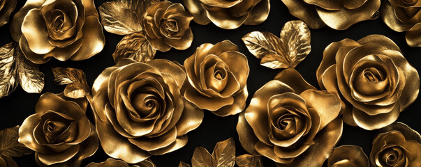 Luxurious metallic gold roses glimmering against a black background, their intricate arrangement forming an elegant, high-end home decor design.