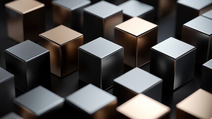 Fototapeta premium Abstract arrangement of smooth geometric blocks in metallic tones on a black surface