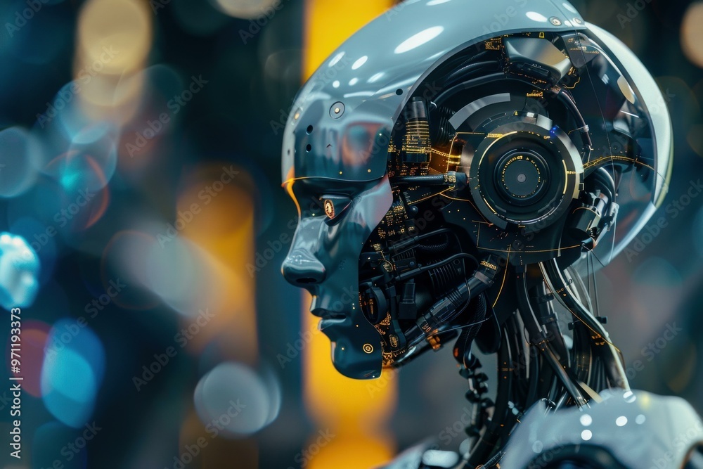 Poster realistic futuristic android robot showing its brain and circuitry, artificial intelligence concept