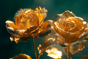 Ornate golden roses shining against a dark emerald green background, the metallic sheen of the flowers adding a touch of luxury and elegance to the floral composition.