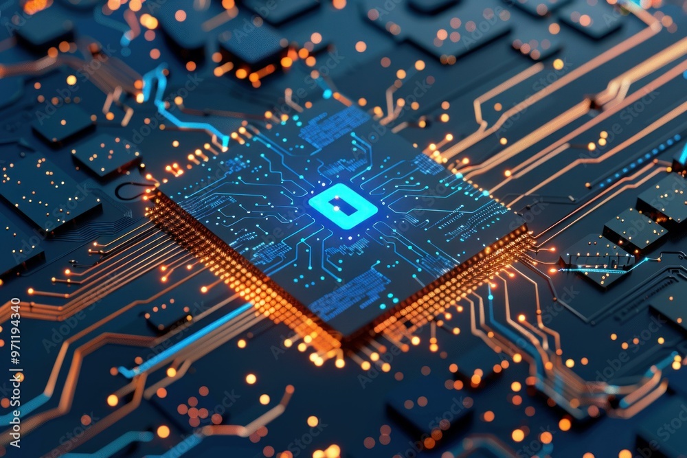 Poster cybersecurity concept with a cpu processing data and a padlock symbol glowing on top of it