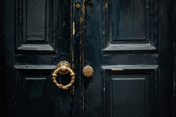A black door with a gold handle and a gold ring