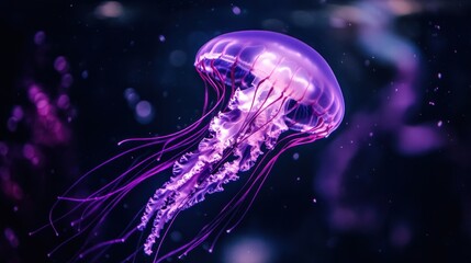 A purple jellyfish gracefully floating in a dark aquarium tank, with its tentacles trailing behind and glowing softly