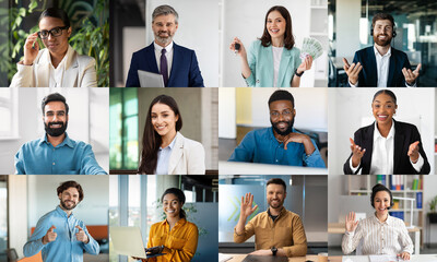 A diverse group of business professionals is interacting in a contemporary office environment. They engage in activities such as presenting, collaborating, and celebrating achievements