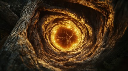 Cross-section of an ancient tree, with a glowing AI core inside, nature meeting technology, dark fantasy, warm gold and brown hues.