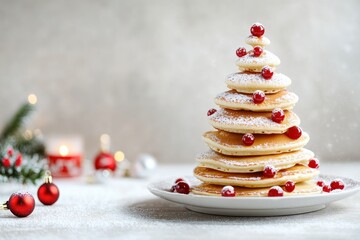 Stack of Pancakes Decorated as a Christmas Tree with Red Berries