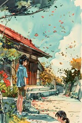 Fototapeta premium Autumn Leaves Falling on the Path of a Japanese House