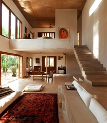 Fototapeta premium Modern Rustic Living Room with Concrete Stairs and Red Rug