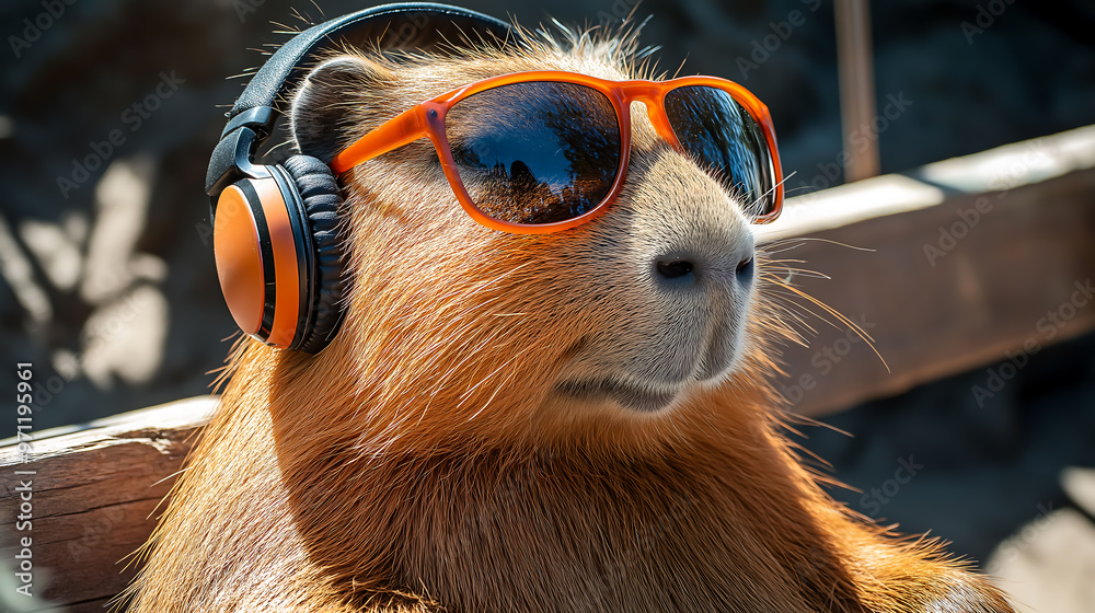 Wall mural Portrait of a happy cute capybara in sunglasses and headphones while relaxing at the zoo on sunny day