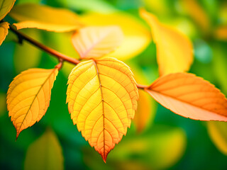 Obraz premium Close up of yellow and green leaves on tree in autumn season.