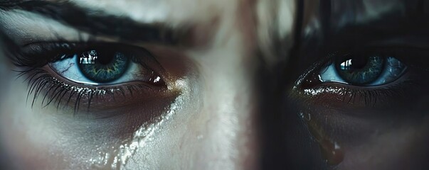 Naklejka premium Close-up of expressive eyes revealing emotion, featuring striking blue color and tears, capturing a moment of intensity and vulnerability.