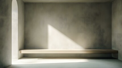 Obraz premium Minimalist Concrete Room With Wooden Bench And Sunlight