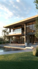 Fototapeta premium Modern House With Swimming Pool And Grass Lawn