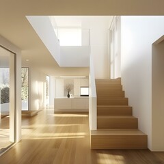 Modern Minimalist Home Interior Design With Wooden Stairs and Natural Light