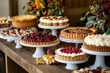 Assortment of Gourmet Pies and Tarts on a Rustic Wooden Table