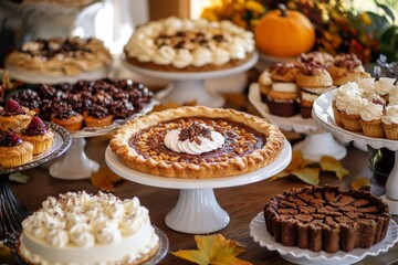 A Festive Spread of Pies and Desserts on a Wooden Table
