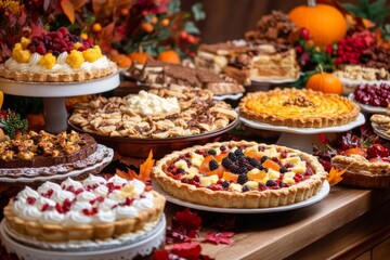 Assorted Fruit Tarts and Pies Displayed on Wooden Table