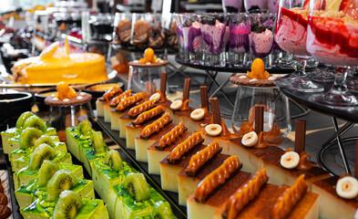 A variety of sweets and cakes. All-inclusive concept.