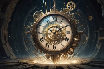 Obraz premium Fragments of Time: A Surreal Exploration of a Shattered Clock