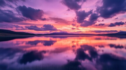 Fototapeta premium A sunset sky turning shades of purple, pink, and orange over a calm lake, with soft reflections on the water
