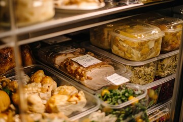 Refrigerator Shelves Filled with Various Pre-Prepared Meals