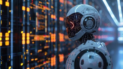 Fototapeta premium Futuristic robot stands in a high-tech data center filled with vibrant lights and advanced technology at night. Generative AI